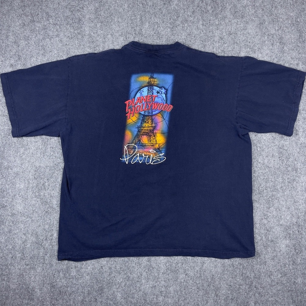 Planet Hollywood Paris Eiffel Tower Graphic T-Shirt Mens Large Navy Blue Vintage